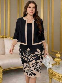 SHEIN Clasi Plus Size Elegant Minimalist Tropical Plant Print Dress And Jacket 2pc Set - Khaki - View 8