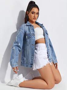 SHEIN ICON Ripped Detail Drop Shoulder Denim Jacket - Light Wash - View 3