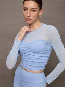 Activina Damen einfarbiges Mesh Patchwork Plissee Yoga Langarm T-Shirt - Blau - Übersicht 1