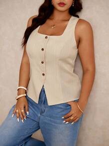 Elaquor Plus Size Women's Square Neck Sleeveless Button Decor Blouse - Apricot - View 5