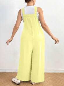 Flirla 新款休闲风菊花刺绣口袋阔腿裤，宽松百搭背带裤工装休闲裤 - 黃色 - 查看 2