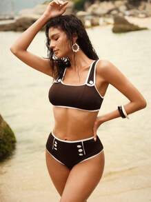 Anewsta 女士夏季沙滩流苏比基尼两件套泳衣 - 棕色 - 查看 1