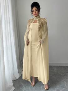 Selianne 2 Potong Set Gaun Maxi Elegan dan Anggun, Cocok untuk Pakaian Musim Panas dan Gugur untuk Wanita - Aprikot - View 5