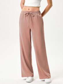 Menodora SHEIN Sport Cloudkiss Cloudkiss Women's Casual Solid Color Straight Leg Soft Pants - Dusty Pink - View 5