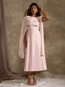 Plus Size Solid Color Draped Split Sleeve Elegant Summer Dress - Pink - View 4