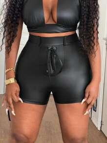 Maweii Plus Size Women's Solid Color Waist Tie Up Shorts