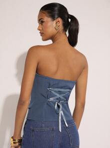 COSMINA Women's Elegant Summer Button Decorated Tube Top - Navy Blue - View 2