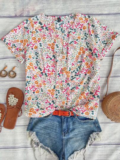 SHEIN LUNE Plus Size Summer Holiday Style All-Over Print Single Breasted Short Sleeve Shirt