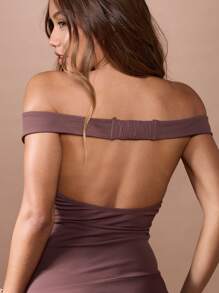 MISSGUIDED Vestido Dança Mini com Ombros de Fora Assimétrico Franzido Bodycon para Festa, Clube, Noite, Ocasião Especial, Bainha Flutuante, Detalhe Western Concho - Chocolate - Visão 6
