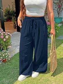 SHEIN EZwear Quần ống rộng cotton họa tiết kẻ sọc mùa hè cỡ lớn cho nữ, quần ống rộng có dây rút, thắt eo, thích hợp cho kỳ nghỉ - Màu xanh lam - Xem 3