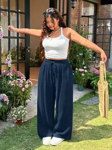 SHEIN EZwear Quần ống rộng cotton họa tiết kẻ sọc mùa hè cỡ lớn cho nữ, quần ống rộng có dây rút, thắt eo, thích hợp cho kỳ nghỉ - Màu xanh lam - Xem 6