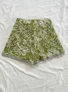 Soleia 女士绿色刺绣纹理面料拼接系带短裤，适合节日、婚礼、派对、约会、下午茶、音乐节、海滩、夏季、波西米亚风、度假、钩针编织、亚麻 - 綠色 - 查看 2