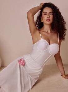 Swim Oasis 2Pcs Women White Spaghetti Strap Push Up One-Piece Swimsuit Set With Mesh Ruffle Beach Skirt,Cute Summer Party Vacation Holiday High Cut Swimwear - White - View 2