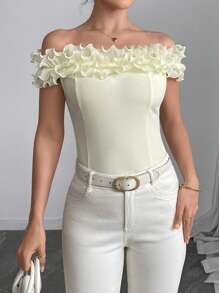 SHEIN Unity Women's Off Shoulder Ruffled Hem Crop Top, Slim Fit For Summer - Apricot - View 3