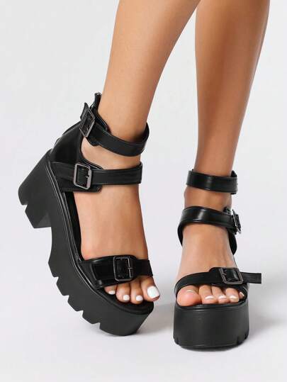 Women's Dark Gothic Punk Summer Open Toe Strappy Roman Beach Platform Sandals, Thick Heels, High-Top Dress Shoes