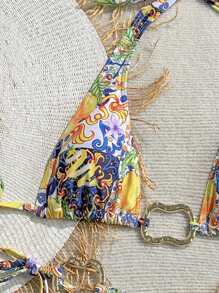 Soleia Conjunto de bikini con cuello halter, espalda anudada y decoración metálica, de estampado colorido vintage, para señoras en vacaciones