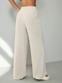 SHEIN PETITE 休闲百搭纯色直筒裤 - 米色 - 查看 2