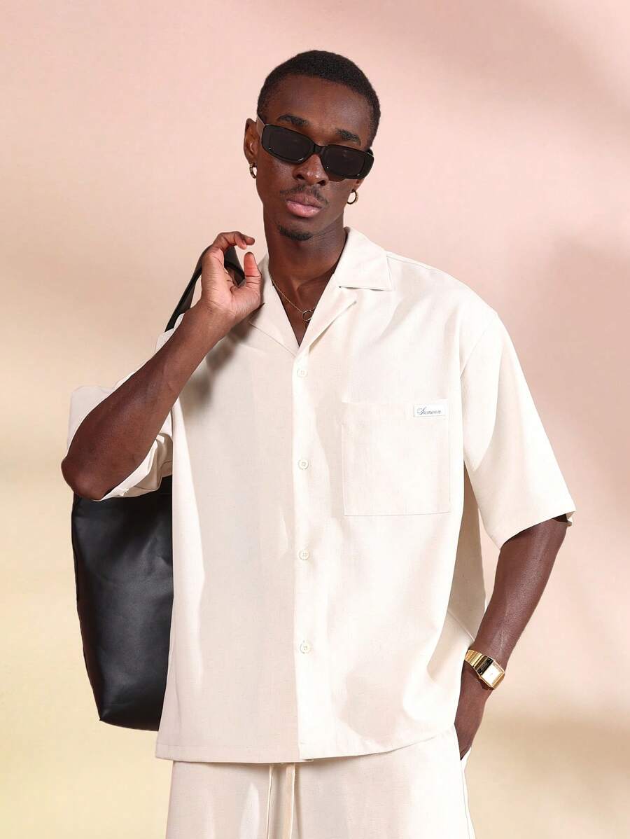 SUMWON 度假休闲纽扣衬衫短袖轻盈亚麻外观宽松版型经典夏季海滩必备 - 米色 - 查看 1