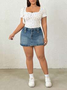 SHEIN EZwear Plus Size Summer Casual Blue & White Ditsy Floral Bodysuit - Blue and White - View 5
