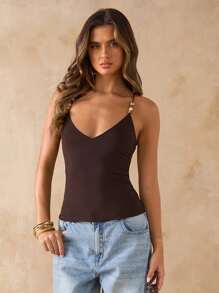 SHEIN BAE Brown Beaded Spaghetti Strap Tank Top For Ladies, Summer Tight Sexy Retro Cami Vest, Beach Holiday Sleeveless Top