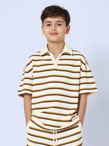 SUMWON Retro Stripe Terry Cloth Polo Short Set Summer Vacation Resort Wear Beach Co-Ord Athletic Tennis Leisure Preppy Outfit - Brown - View 3