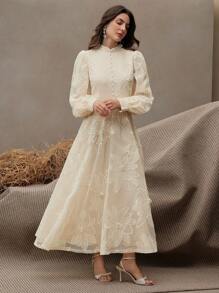 Anewsta Women's Elegant Hollow-Out Floral Embroidered Long Sleeve Dress, Spring/Summer, Suitable For Wedding Guest, Spring Outfit - Apricot - View 6