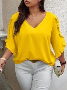 Calvaya Blusa de talla grande de verano casual con diseño de volantes en unicolor, Día de San Valentín - Amarillo - Ver 5