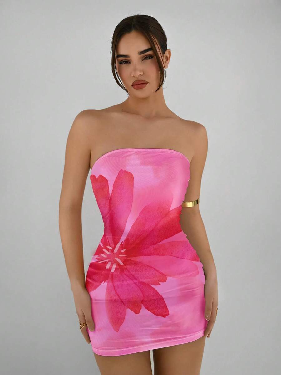 Aloruh 优雅女士性感抹胸修身雏菊花卉印花休闲夏装，适合度假和春假旅行