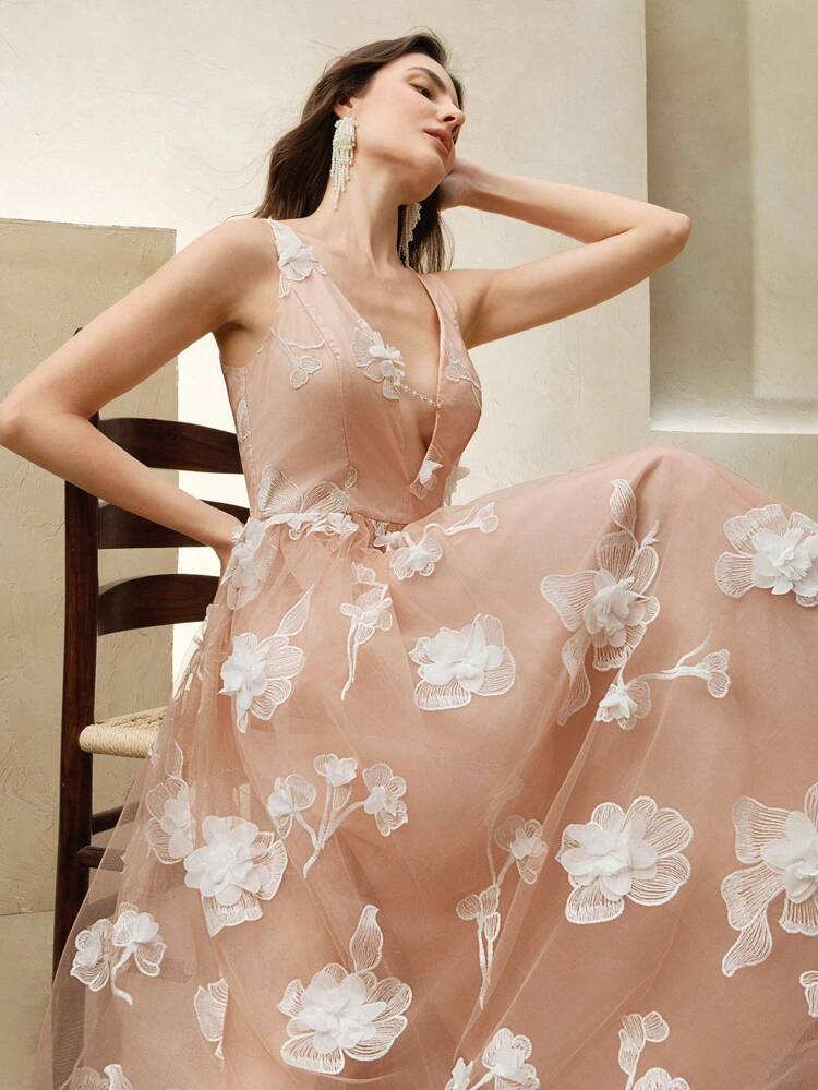 Elegant Fashion Holiday Deep V Neck Pearl Decor Chain Sleeveless Mesh Floral 3D Cinched Waist Maxi Dress, Suitable For Spring, Summer, Festival, Graduation