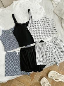 SHEIN 6pcs Women Casual Fitted False Placket Lace Patchwork Floral Print Camisole Shorts Pajama Set Bow Tie  Cozy And Elegant Details