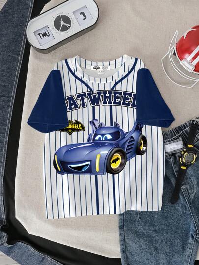 Batwheels X SHEIN 小男孩圆领短袖夏季休闲撞色袖条纹英文字母学院运动棒球服图案T恤