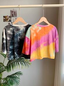 Comfortcana Two-Piece Set Women's Tie Dye Loose Knit T-Shirt - Black and White - View 2