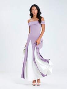 Glamine 优雅性感的女士黑色针织无袖露肩A字连衣裙 - 紫色 - 查看 6