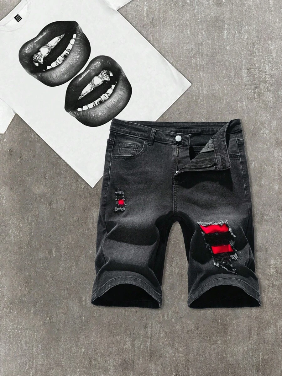 SHEIN Quần jean ngắn bó sát co giãn Y2K thời trang thường ngày cho bé trai, quần jean đen cắt xẻ, rách, đỏ, vá, mềm mại, mặc hàng ngày và bốn mùa, quần áo mùa hè cho bé trai. - màu đen - Xem 1