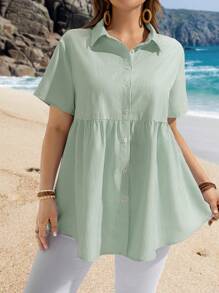 EMERY ROSE Plus Size Casual Striped Shirt, Simple And Fashionable For Daily Wear, Summer, Boho - Mint Green - View 6