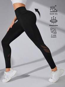 Eassivo Eassivo 高腰網紗拼接運動打底褲，側口袋設計，適合瑜伽和健身 - 黑色 - 查看 5