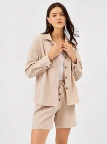 Miaspire 2 件套女士休闲宽松衬衫和短裤套装，春夏 - 卡其色 - 查看 5