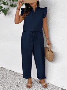 SHEIN Frenchy 2pcs Set Plus Size Solid Color Notched Neck Top And Drawstring Waist Wide Leg Pants,2 Pieces Summer Outfit - Navy Blue - View 3