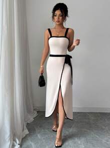 Gloray 2 Stücke Kontrast-Farbenes Camisole Jumpsuit und asymmetrischer Wickelrock Set für Frauen
