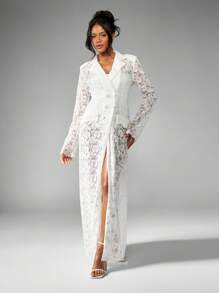 MISSGUIDED Robe de soirée de luxe à longueur de plancher, style blazer, avec manches longues, boutonnage devant, fente latérale, en dentelle maxi pour réception de mariage