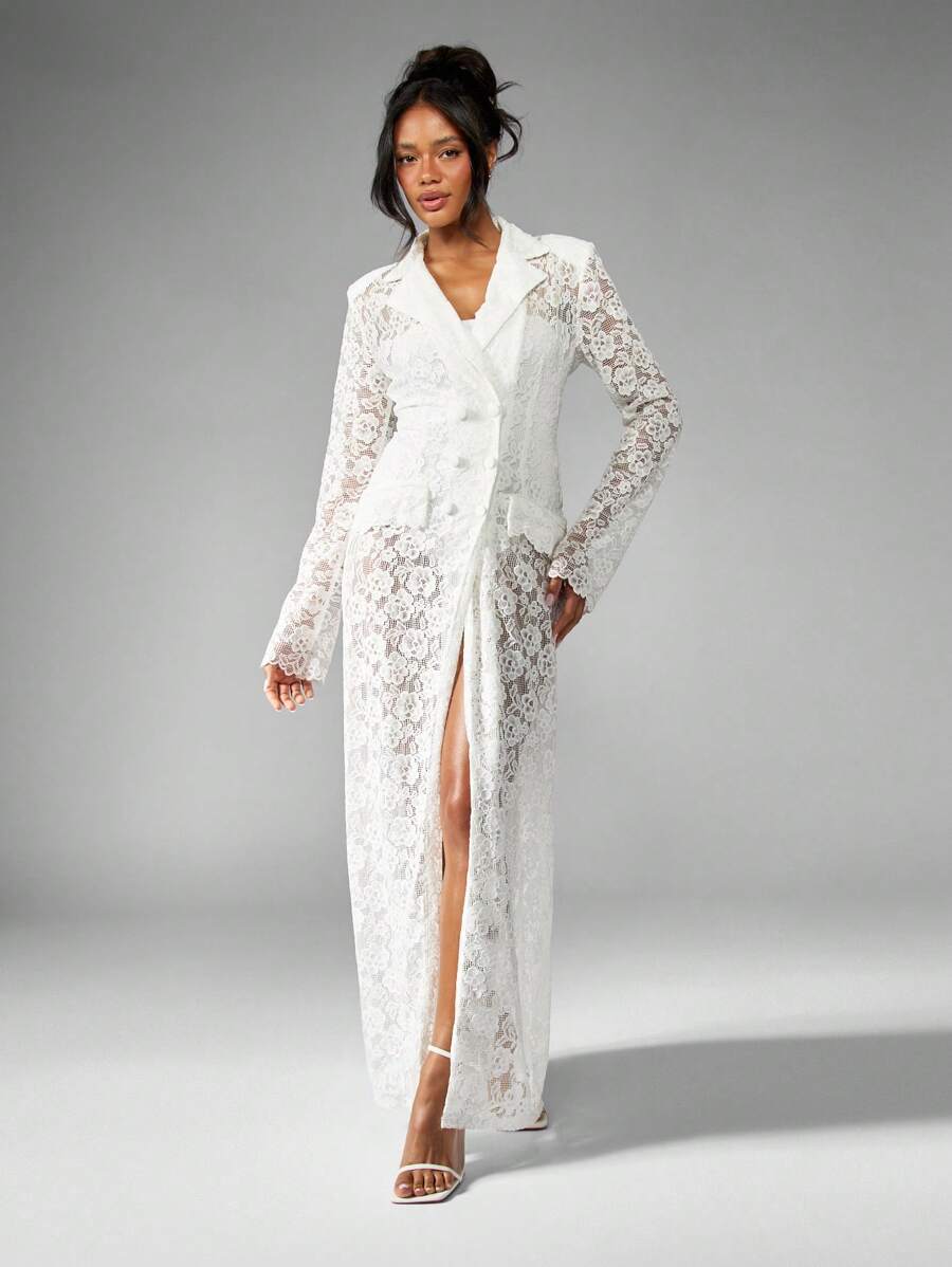 MISSGUIDED Robe de soirée de luxe à longueur de plancher, style blazer, avec manches longues, boutonnage devant, fente latérale, en dentelle maxi pour réception de mariage