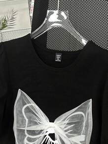 Flirla Plus Size Women's Bowknot Print Elegant Round Neck T-Shirt,Suitable For Commuting - Black - View 5