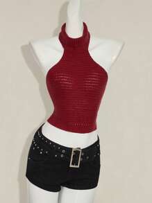 SHEIN ICON 女式纯色简约针织吊带背心 - 紅色 - 查看 10