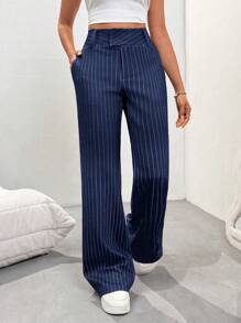 SHEIN Tall Women's Casual Striped Low-Waist Pants, Spring - Royal Blue - View 6