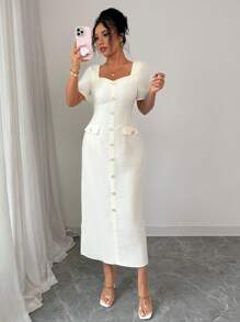 Elenzga 优雅方领华夫格纹理中长连衣裙，春夏 - 杏色 - 查看 5