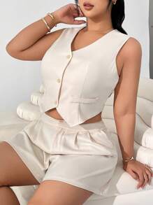 Comfortcana 2pcs/Set Plus Size Apricot Casual Solid Color Sleeveless Top & Shorts - Apricot - View 6