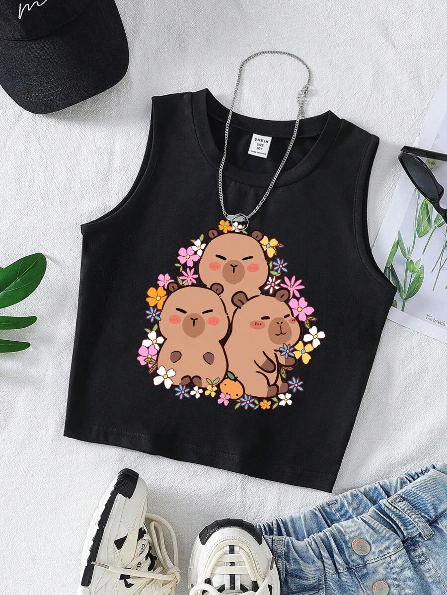 SHEIN Parte superior de chaleco negro de cuello redondo con estampado de dibujos animados de Capibara y flores para niñas preadolescentes - Negro - Ver 1