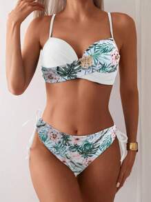 Swim Lushoire Conjunto de traje de baño, diseño de estampado aleatorio, con aros, bikini de flores con push-up y cintura alta, conjunto de bikini de dos piezas