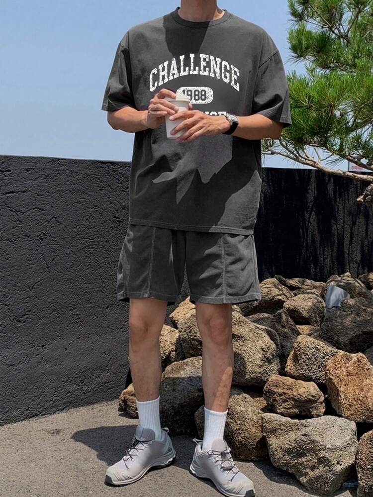 Men's Letter Print Short Sleeve T-Shirt And Shorts Set,Back To School Clothes
