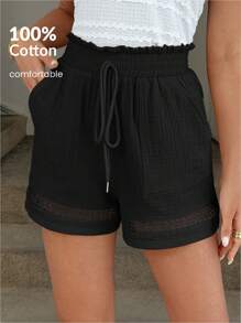 Easowa Cotton Lace Patchwork Elastic Waist Khaki Short Pants For Women, Spring/Summer